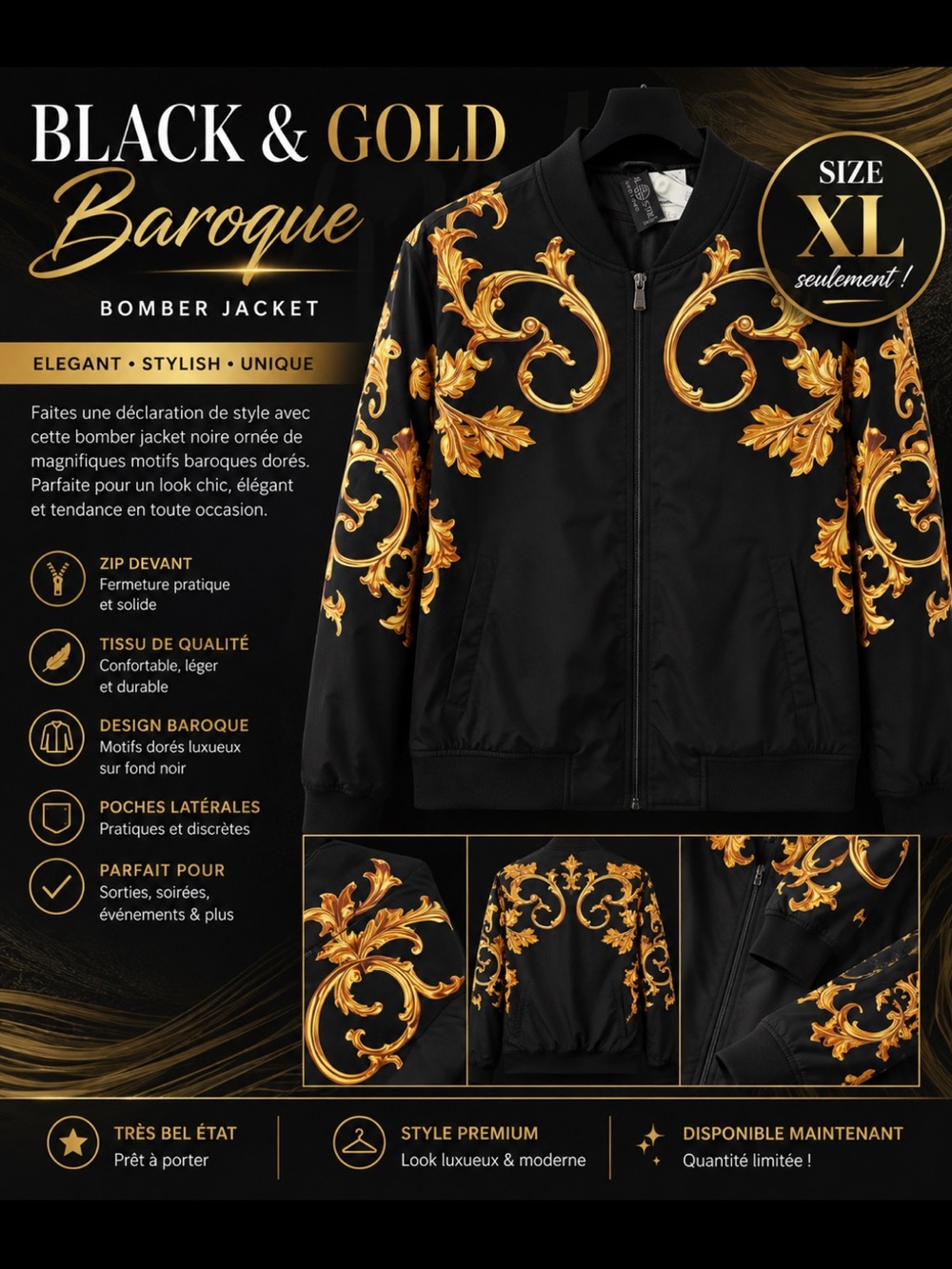 Baroque Black & Gold Bomber Jacket - Elegant Women's Coat
